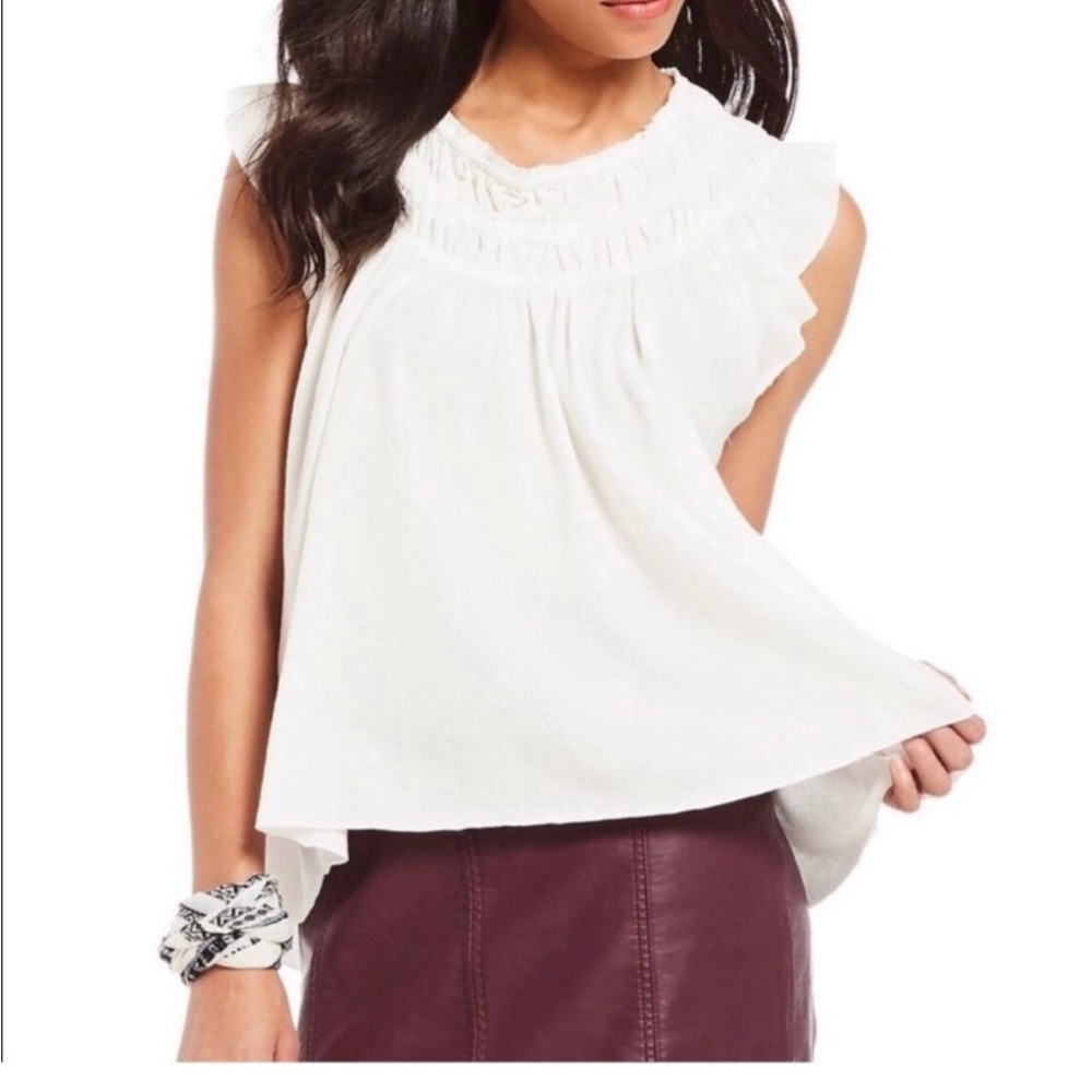 Free People White Smocked Peasant Short Sleeve Top M
